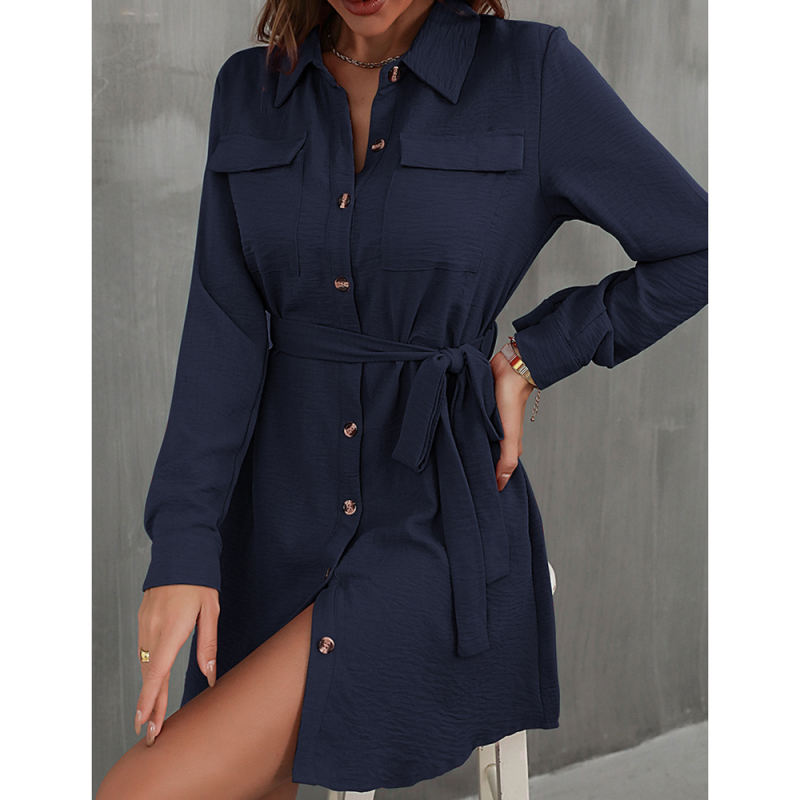 Navy Blue Button Down Tie Waist Pocket Shirt Dress