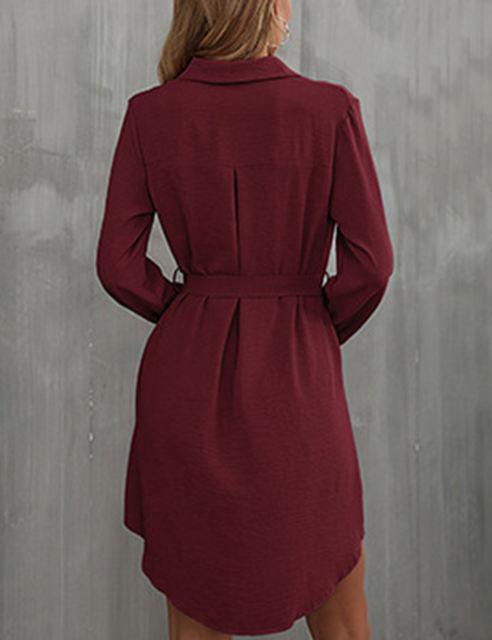 Wine Red Button Down Tie Waist Pocket Shirt Dress