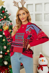 Red Christmas Snowflake Geometric Print O-neck Sweater