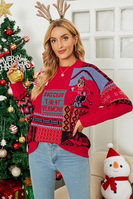 Red Christmas Snowflake Geometric Print O-neck Sweater