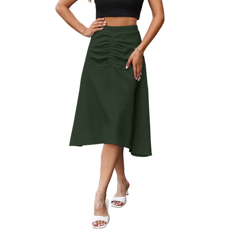 Dark Green Solid Color Ruched Detail Asymmetric Skirt
