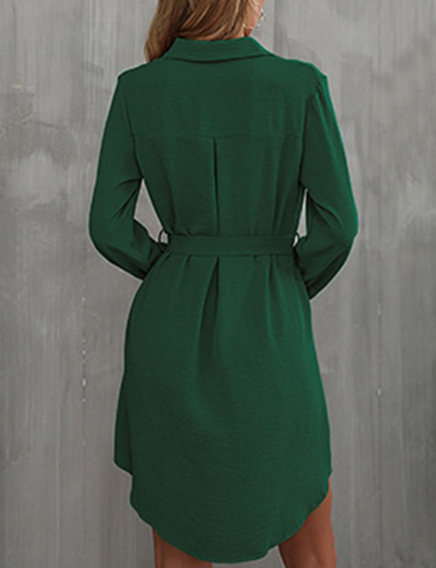 Dark Green Button Down Tie Waist Pocket Shirt Dress