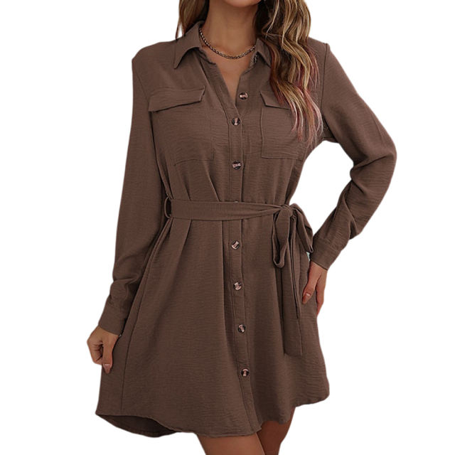 Coffee Button Down Tie Waist Pocket Shirt Dress