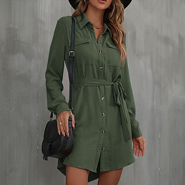 Green  Button Down Tie Waist Pocket Shirt Dress