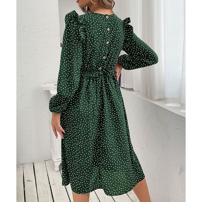 Green Polkd Dot Ruffle Hem Long Sleeve Dress