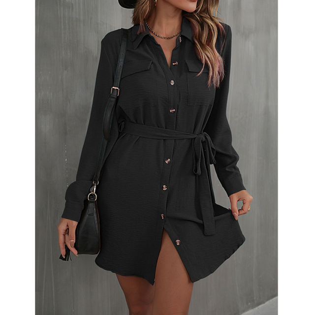 Black Button Down Tie Waist Pocket Shirt Dress