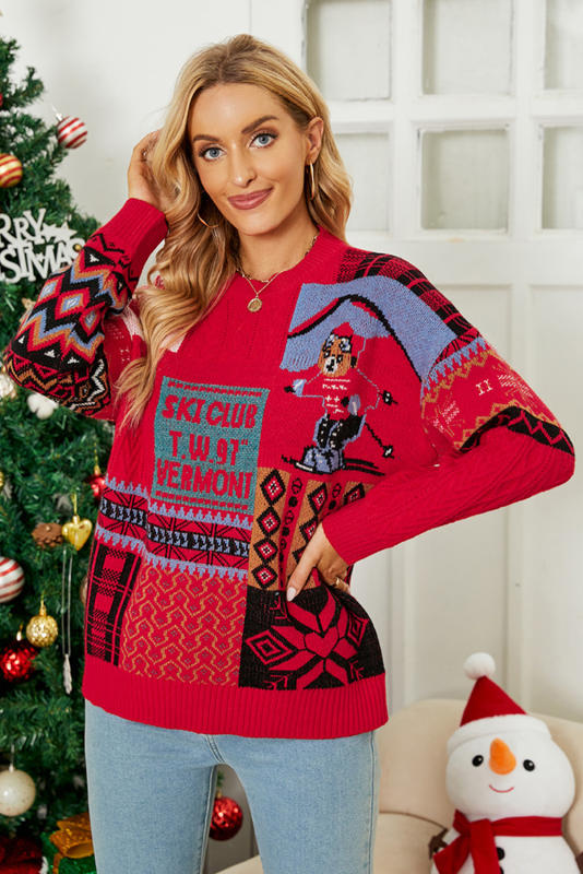 Red Christmas Snowflake Geometric Print O-neck Sweater