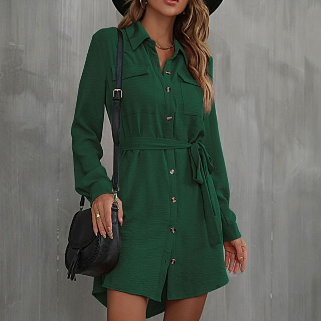 Dark Green Button Down Tie Waist Pocket Shirt Dress