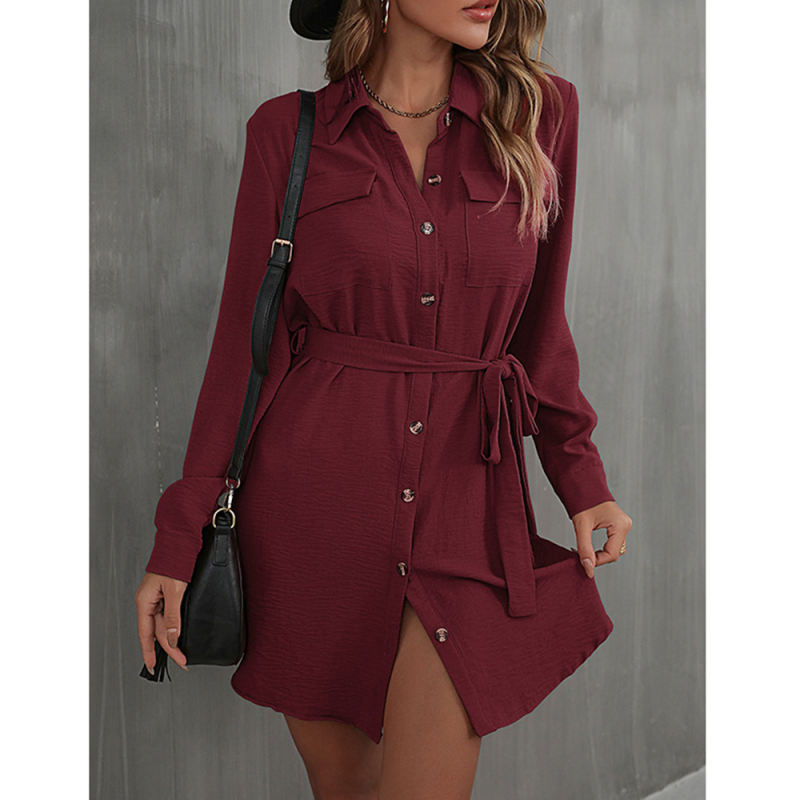 Wine Red Button Down Tie Waist Pocket Shirt Dress
