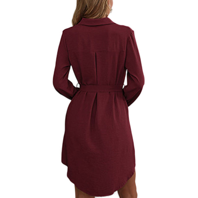 Wine Red Button Down Tie Waist Pocket Shirt Dress