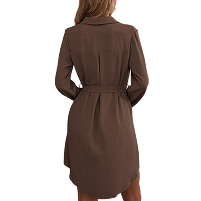 Coffee Button Down Tie Waist Pocket Shirt Dress