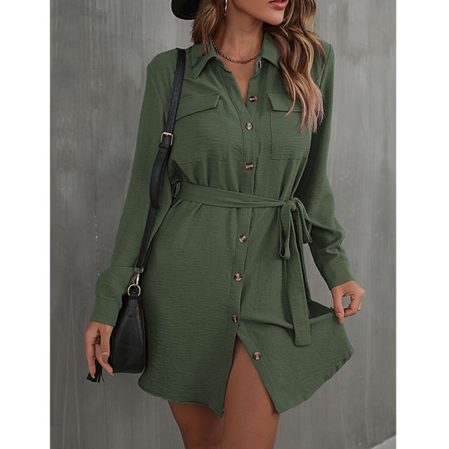 Green  Button Down Tie Waist Pocket Shirt Dress
