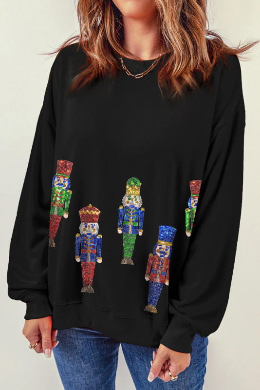 Black Sequined Nutcracker Doll Graphic Sweatshirt