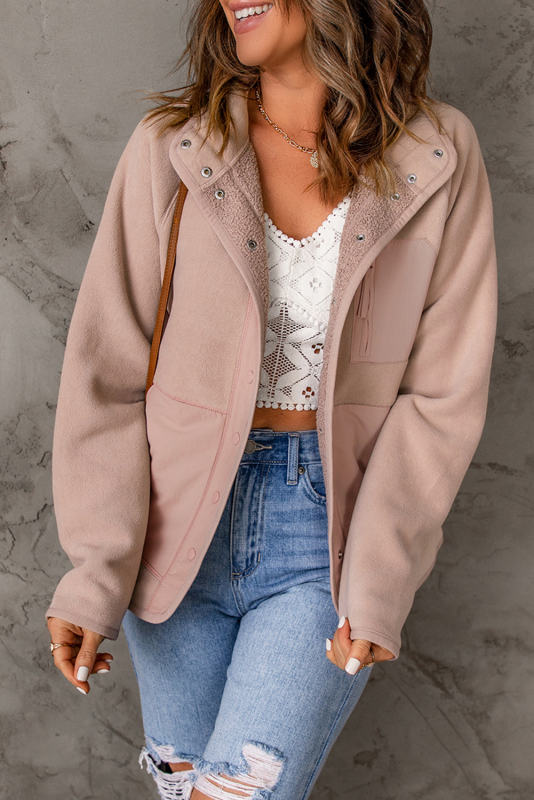 Pink Faux Shearling Lining Snap Button Suede Jacket