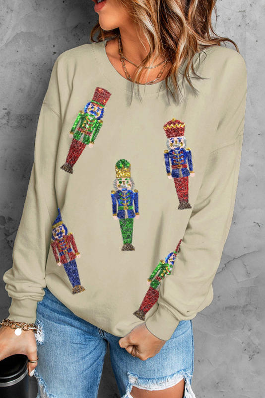 Khaki Sequined Nutcracker Doll Casual Sweatshirt