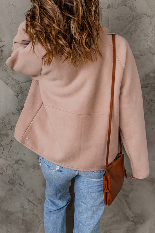 Pink Faux Shearling Lining Snap Button Suede Jacket