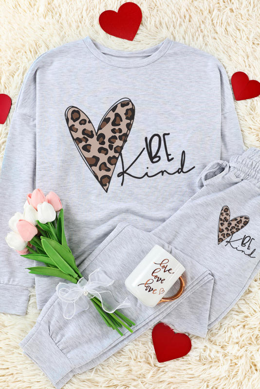 Gray BE Kind Leopard Heart Graphic Pullover and Joggers Lounge Set