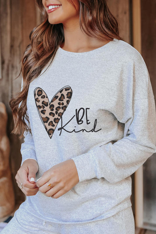 Gray BE Kind Leopard Heart Graphic Pullover and Joggers Lounge Set