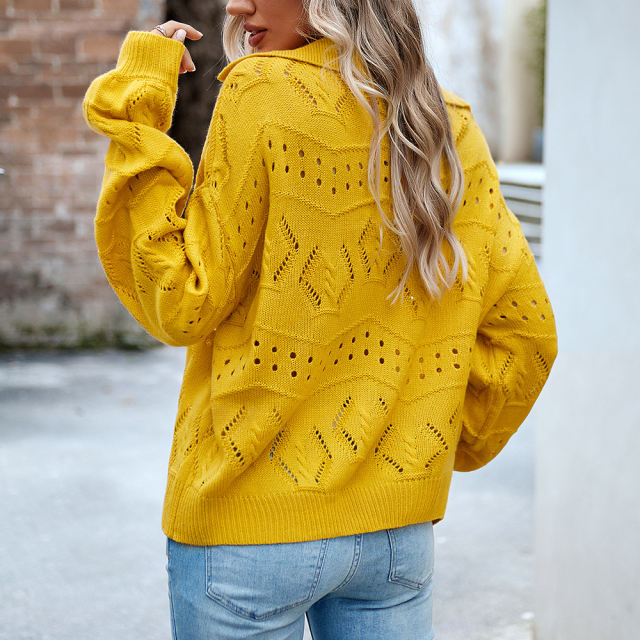 Yellow Polo V Neck Long Sleeve Knit Sweater