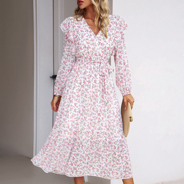 White V Neck Ruffle Detail Long Sleeve Floral Dress
