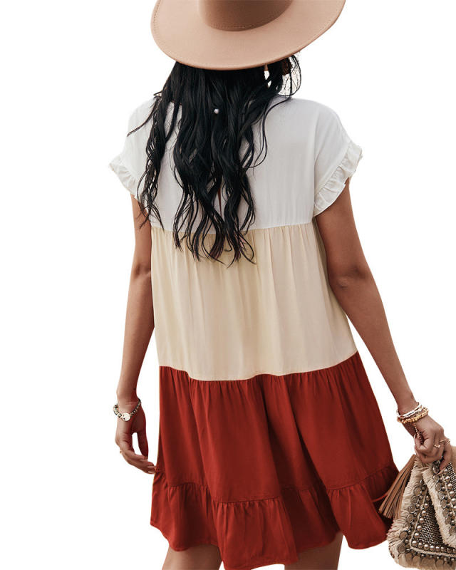 Orange Three ColorBlock Ruffle Mini Dress TQK310517-14