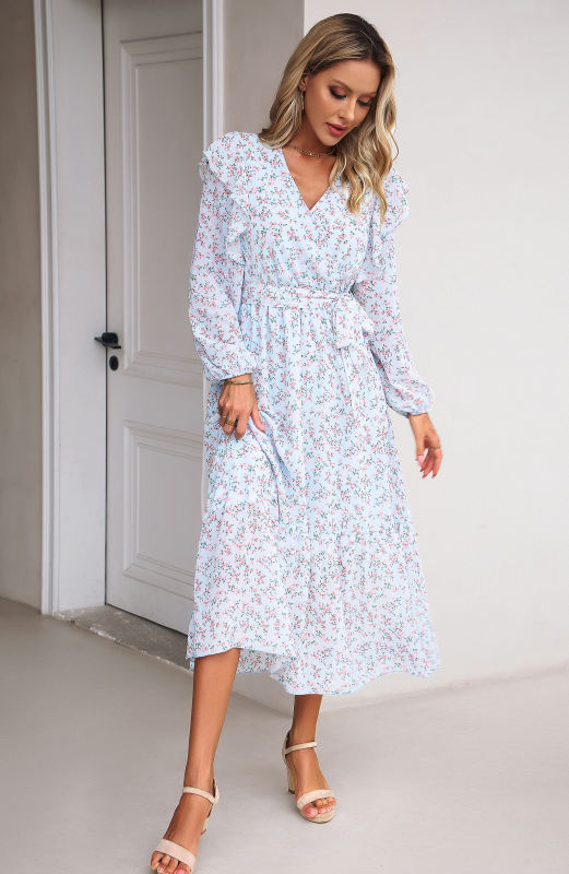 Light Blue V Neck Ruffle Detail Long Sleeve Floral Dress