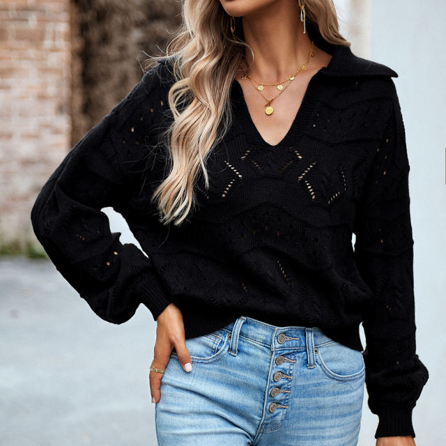 Black Polo V Neck Long Sleeve Knit Sweater