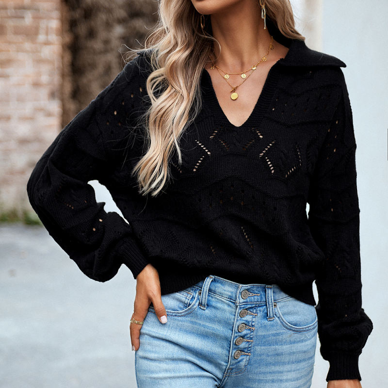 Black Polo V Neck Long Sleeve Knit Sweater
