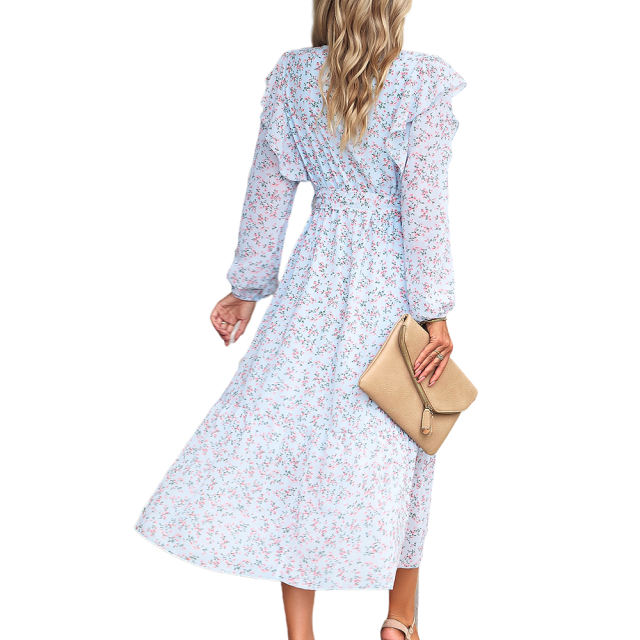 Light Blue V Neck Ruffle Detail Long Sleeve Floral Dress
