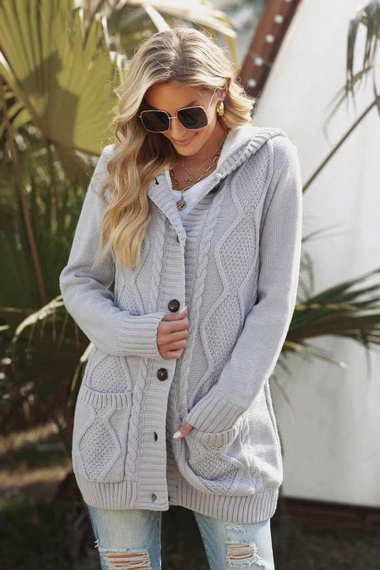 Light Gray Buttoned Hooded Open Front Knitted Sweater