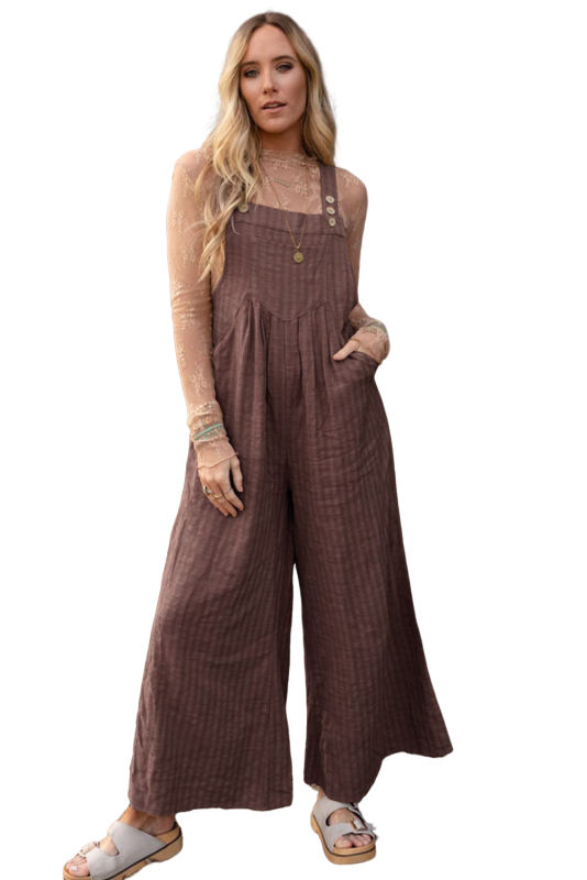 Chicory Coffee Striped Pleated Wide Leg Pocketed Jumpsuit