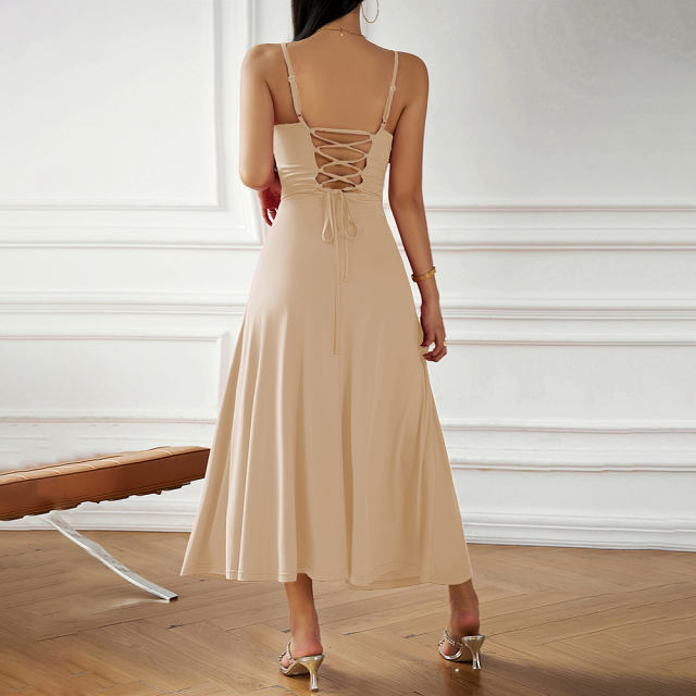 Apricot Back Crisscross Spaghetti Straps Long Dress