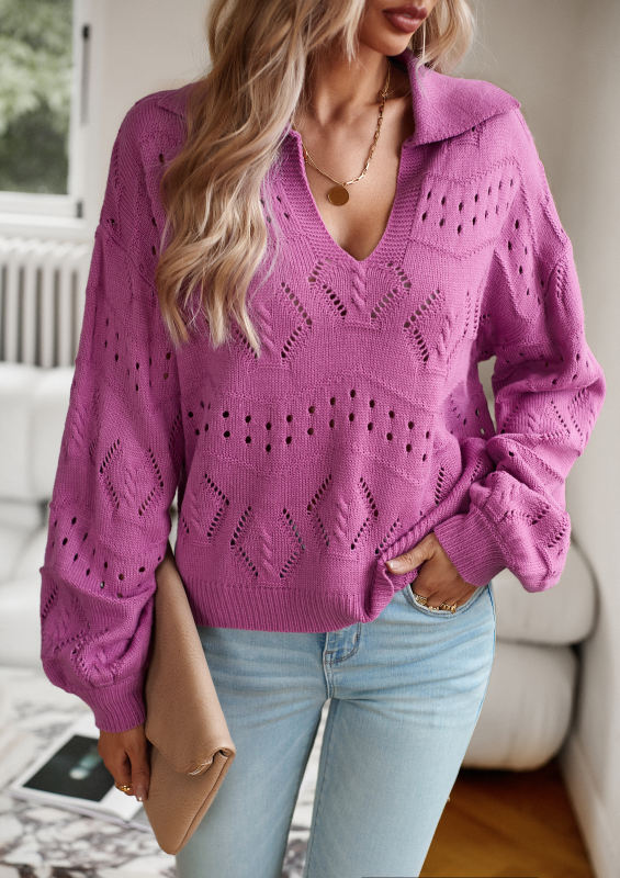 Purple Polo V Neck Long Sleeve Knit Sweater