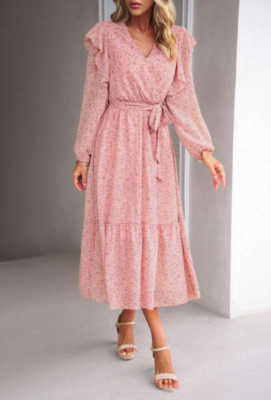 Pink V Neck Ruffle Detail Long Sleeve Floral Dress