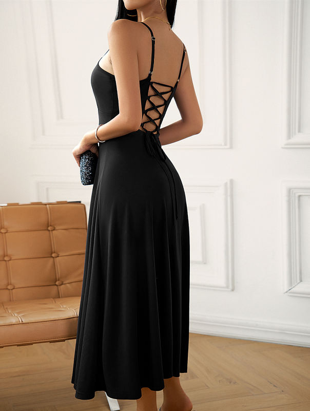 Black Back Crisscross Spaghetti Straps Long Dress