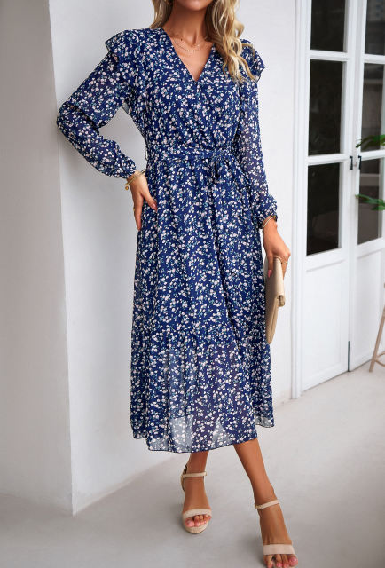 Navy Blue V Neck Ruffle Detail Long Sleeve Floral Dress