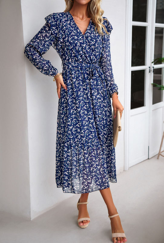 Navy Blue V Neck Ruffle Detail Long Sleeve Floral Dress