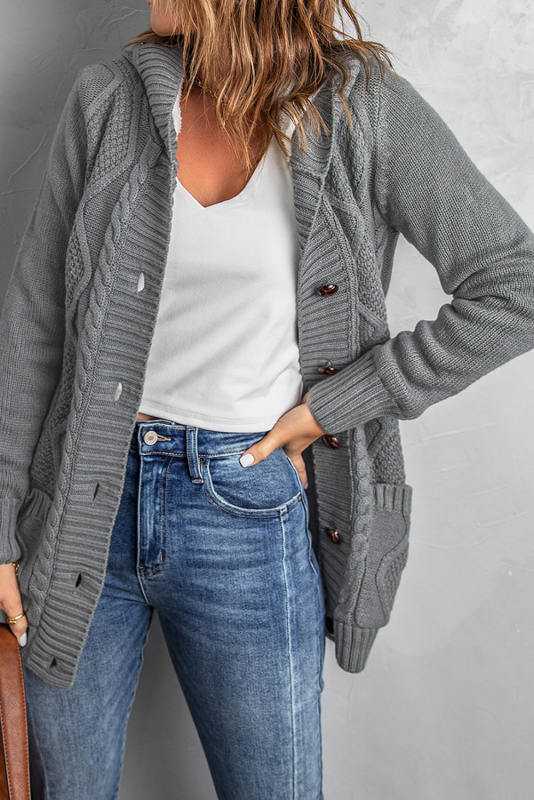 Gray Buttoned Hooded Open Front Knitted Cardigan