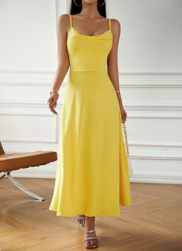 Yellow Back Lace-up Spaghetti Straps Long Dress