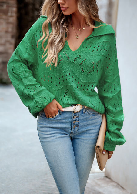 Green Polo V Neck Long Sleeve Knit Sweater