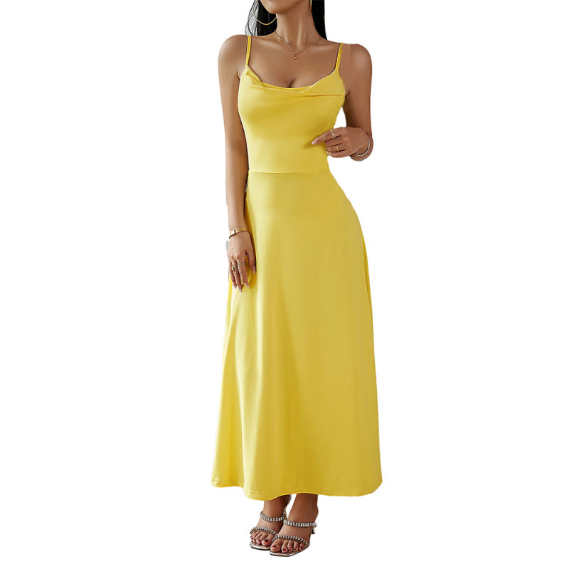 Yellow Back Lace-up Spaghetti Straps Long Dress