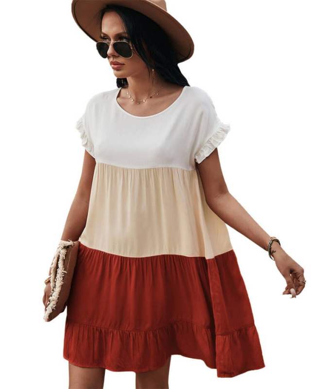 Orange Three ColorBlock Ruffle Mini Dress TQK310517-14
