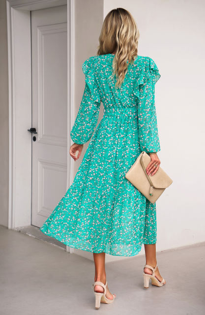 Green V Neck Ruffle Detail Long Sleeve Floral Dress