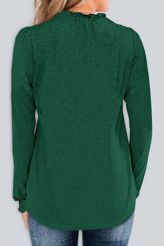 Green Frill V Neck Puff Long Sleeve Top