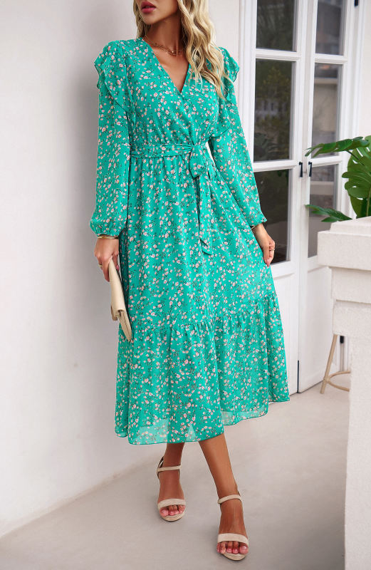 Green V Neck Ruffle Detail Long Sleeve Floral Dress