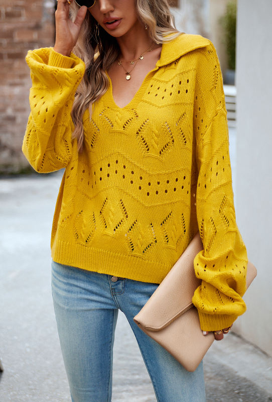 Yellow Polo V Neck Long Sleeve Knit Sweater