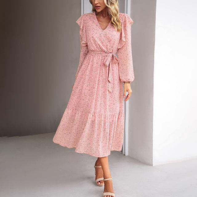 Pink V Neck Ruffle Detail Long Sleeve Floral Dress