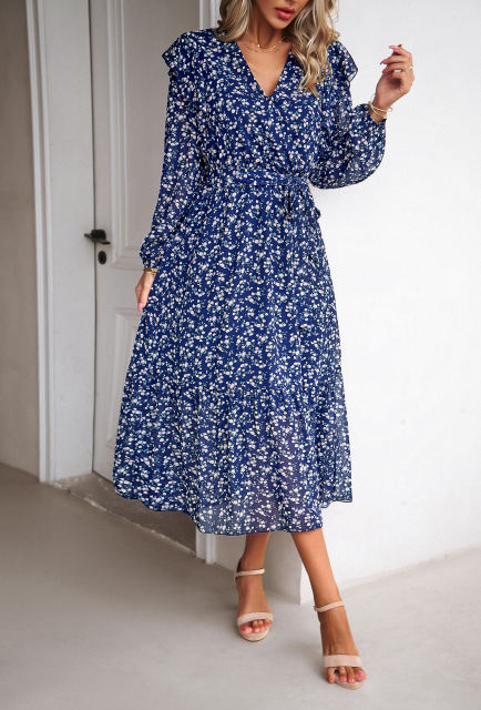 Navy Blue V Neck Ruffle Detail Long Sleeve Floral Dress