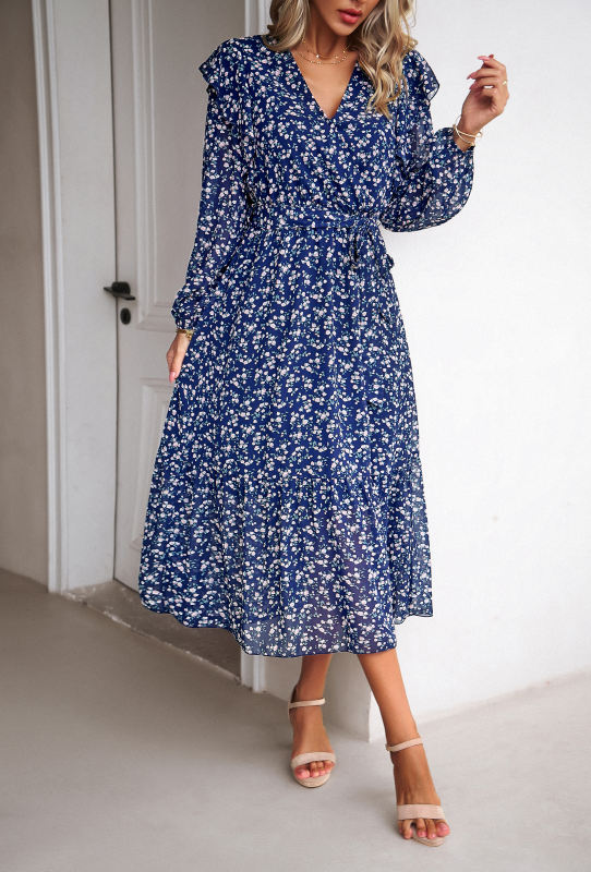 Navy Blue V Neck Ruffle Detail Long Sleeve Floral Dress