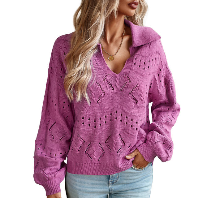 Purple Polo V Neck Long Sleeve Knit Sweater